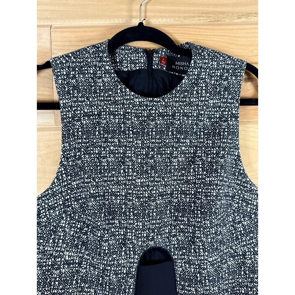 MISHA NONOO Crew Neck Mini Tweed Middle Cut Out Women's 6 Black & White